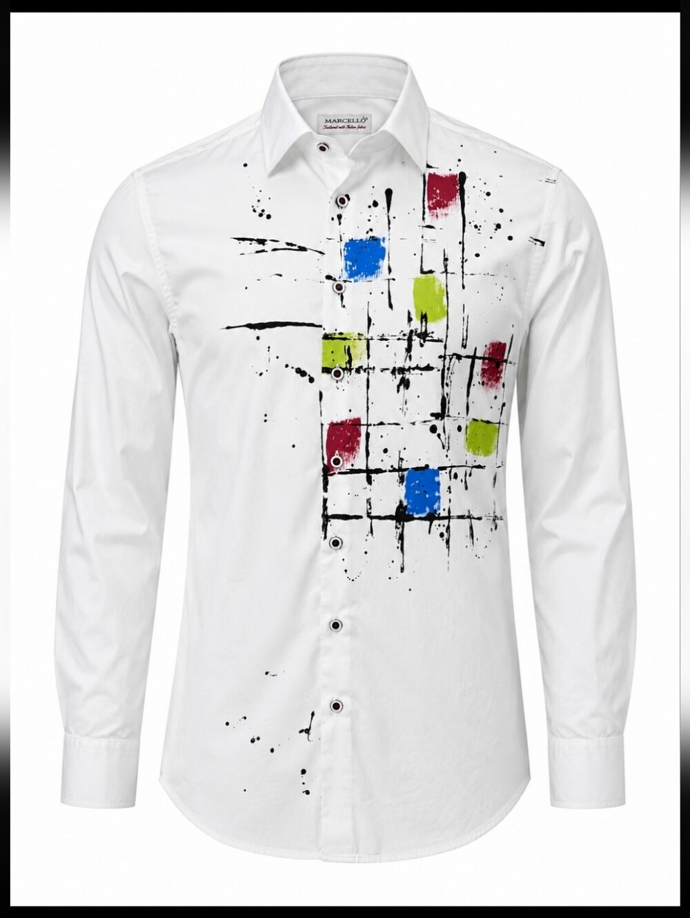 Marcello Italian Fabric Abstract Paint Splatter Button Front Dress Shirt White L